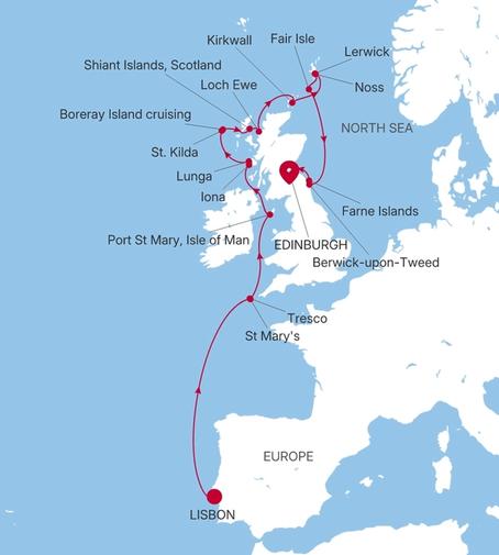 Carte de l’itinéraire Silver Endeavour, Lisbonne → Edinburgh (Leith)
