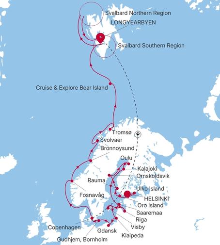 Carte de l’itinéraire Silver Endeavour, Helsinki → Longyearbyen