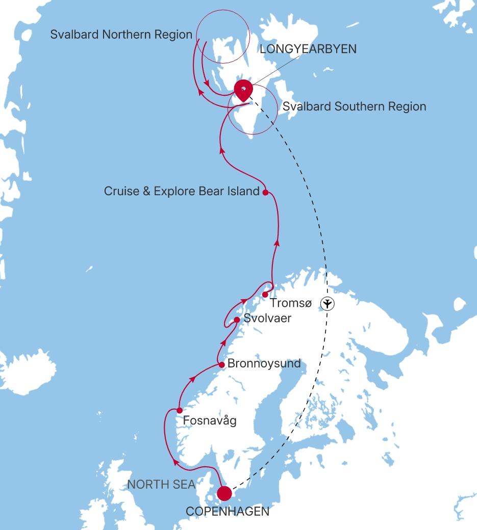 Carte de l’itinéraire Silver Endeavour, Copenhague → Longyearbyen