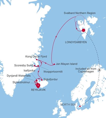 Carte de l’itinéraire Silver Endeavour, Longyearbyen → Reykjavík