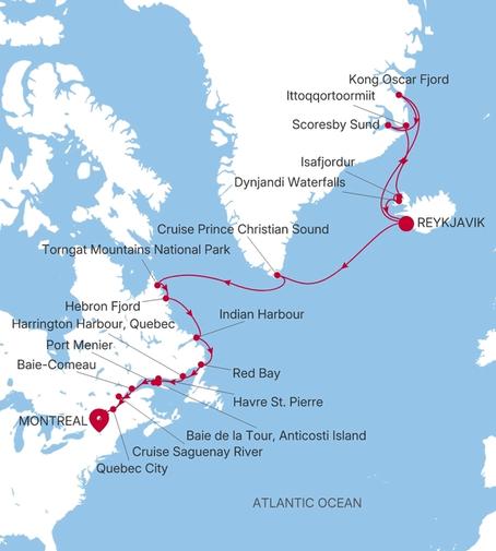 Carte de l’itinéraire Silver Endeavour, Reykjavík → Montreal