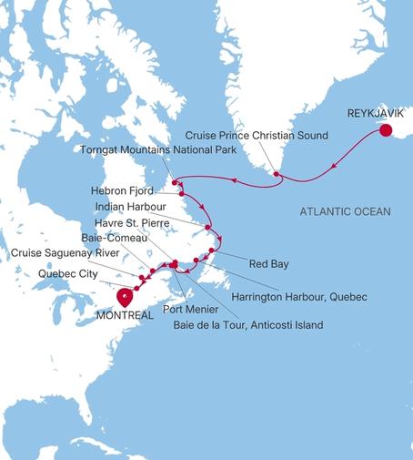 Carte de l’itinéraire Silver Endeavour, Reykjavík → Montreal