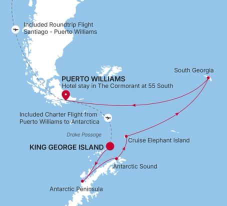Carte de l’itinéraire Silver Endeavour, King George Island → Puerto Williams