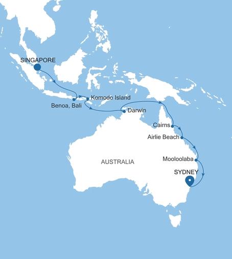 Carte de l’itinéraire Silver Moon, Singapour → Sydney