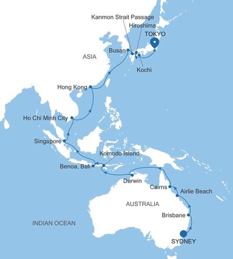 Carte de l’itinéraire Silver Moon, Sydney → Tokyo