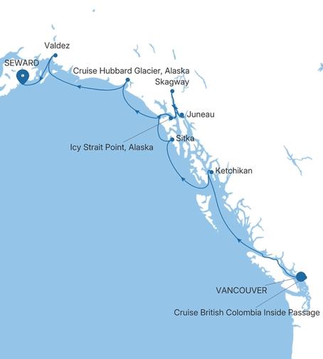 Carte de l’itinéraire Silver Moon, Vancouver → Seward (Anchorage, Alaska)