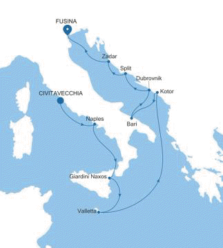 Carte de l’itinéraire Silver Muse, Civitavecchia (Rome) → Fusina (Venise)
