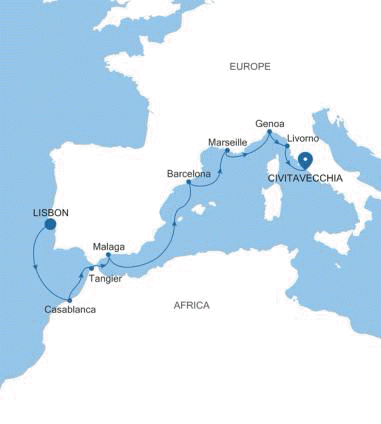 Carte de l’itinéraire Silver Muse, Lisbonne → Civitavecchia (Rome)