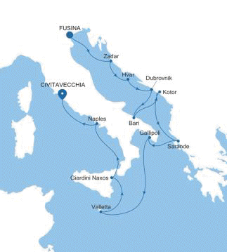 Carte de l’itinéraire Silver Muse, Fusina (Venise) → Civitavecchia (Rome)