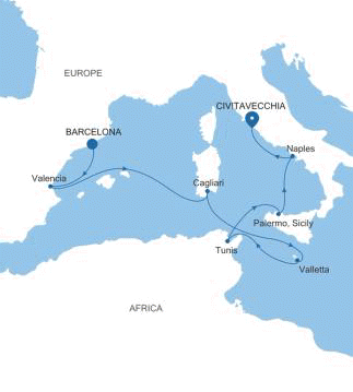 Carte de l’itinéraire Silver Muse, Barcelone → Civitavecchia (Rome)