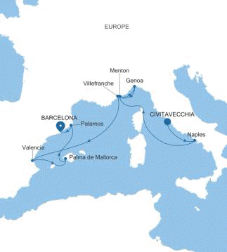 Carte de l’itinéraire Silver Muse, Civitavecchia (Rome) → Barcelone