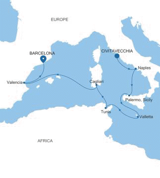 Carte de l’itinéraire Silver Muse, Civitavecchia (Rome) → Barcelone