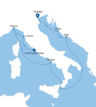 Carte de l’itinéraire Silver Muse, Civitavecchia (Rome) → Fusina (Venise)