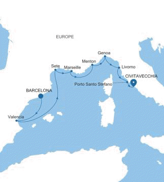 Carte de l’itinéraire Silver Muse, Barcelone → Civitavecchia (Rome)