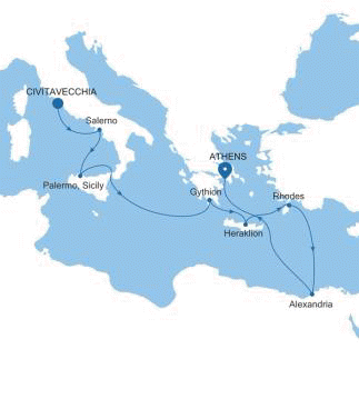Carte de l’itinéraire Silver Muse, Civitavecchia (Rome) → Athènes (Le Pirée)