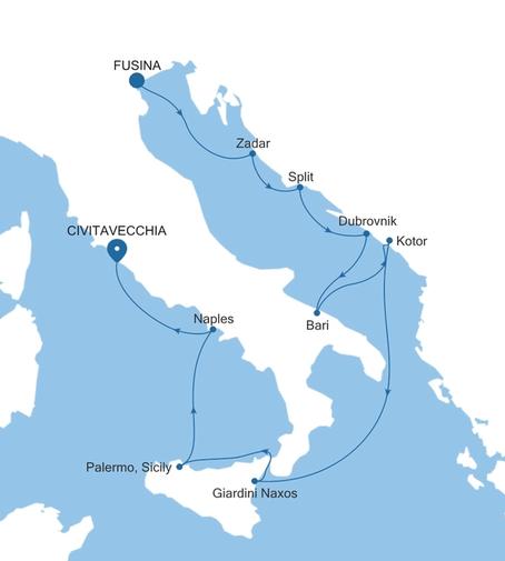 Carte de l’itinéraire Silver Muse, Fusina (Venise) → Civitavecchia (Rome)