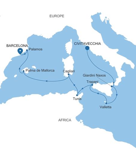 Carte de l’itinéraire Silver Muse, Civitavecchia (Rome) → Barcelone