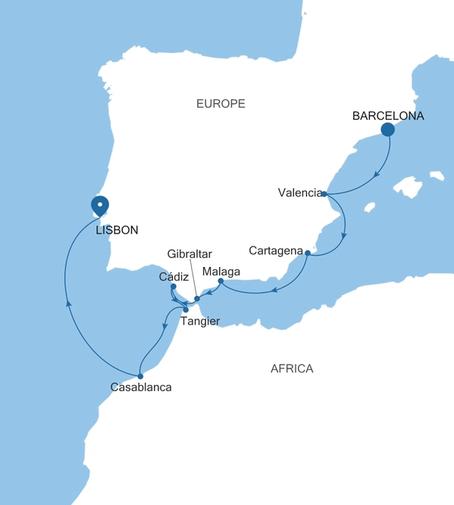 Carte de l’itinéraire Silver Muse, Barcelone → Lisbonne