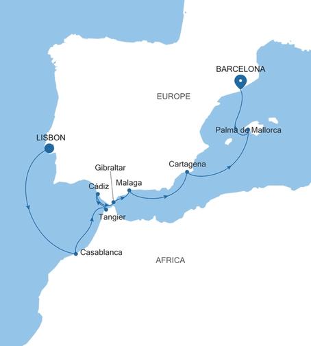 Carte de l’itinéraire Silver Muse, Lisbonne → Barcelone
