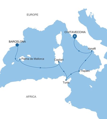Carte de l’itinéraire Silver Muse, Barcelone → Civitavecchia (Rome)