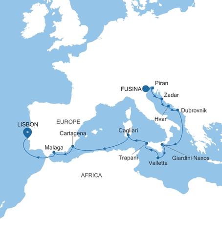 Carte de l’itinéraire Silver Muse, Fusina (Venise) → Lisbonne