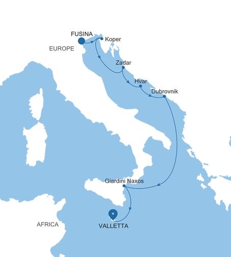Carte de l’itinéraire Silver Muse, Fusina (Venise) → Valletta