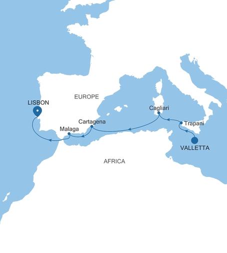 Carte de l’itinéraire Silver Muse, Valletta → Lisbonne