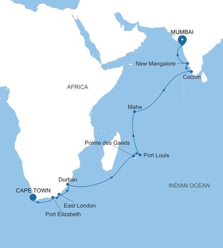 Carte de l’itinéraire Silver Muse, Le Cap → Mumbai