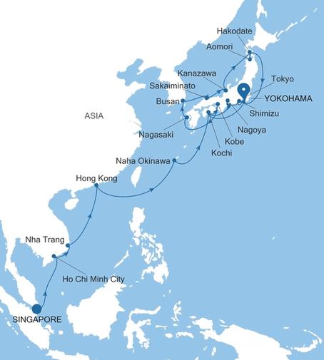 Carte de l’itinéraire Silver Muse, Singapour → Yokohama (Tokyo)