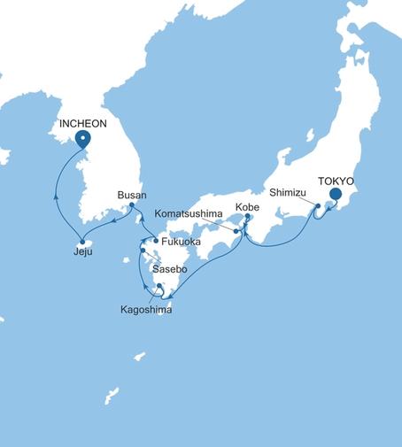 Carte de l’itinéraire Silver Muse, Tokyo → Incheon (Seoul)