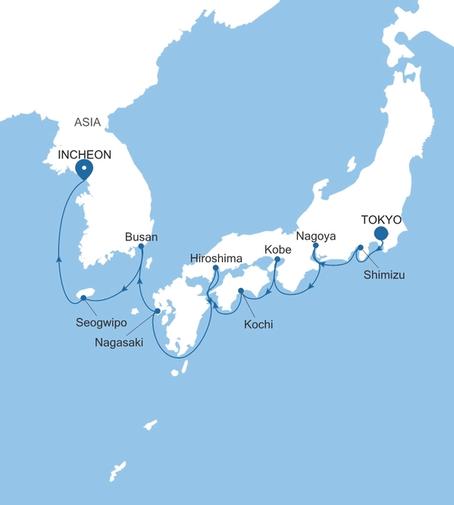 Carte de l’itinéraire Silver Muse, Tokyo → Incheon (Seoul)