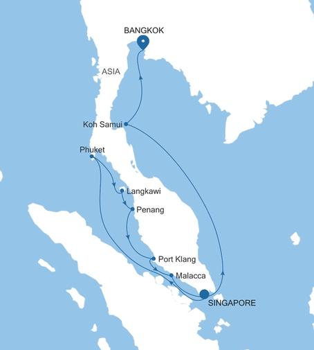 Carte de l’itinéraire Silver Muse, Singapour → Bangkok (Laem Chabang)