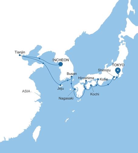 Carte de l’itinéraire Silver Muse, Incheon (Seoul) → Tokyo