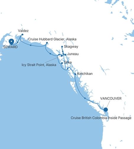 Carte de l’itinéraire Silver Muse, Vancouver → Seward (Anchorage, Alaska)