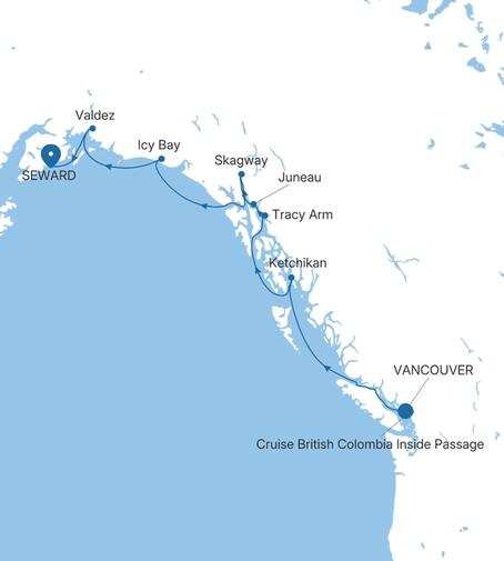 Carte de l’itinéraire Silver Muse, Vancouver → Seward (Anchorage, Alaska)