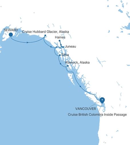 Carte de l’itinéraire Silver Muse, Seward (Anchorage, Alaska) → Vancouver