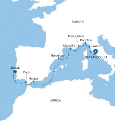 Carte de l’itinéraire Silver Nova, Lisbonne → Civitavecchia (Rome)