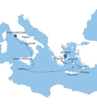 Carte de l’itinéraire Silver Nova, Civitavecchia (Rome) → Athènes (Le Pirée)