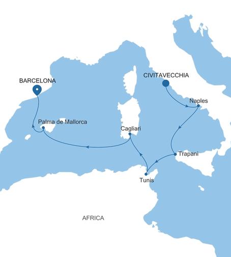 Carte de l’itinéraire Silver Nova, Civitavecchia (Rome) → Barcelone