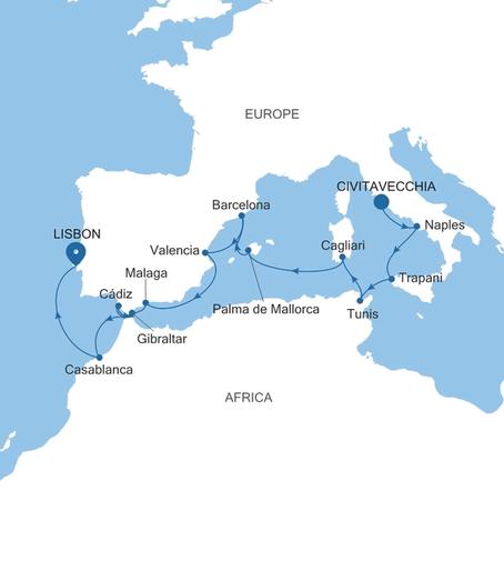 Carte de l’itinéraire Silver Nova, Civitavecchia (Rome) → Lisbonne
