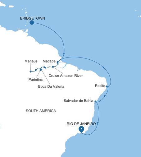 Carte de l’itinéraire Silver Nova, Bridgetown → Rio de Janeiro