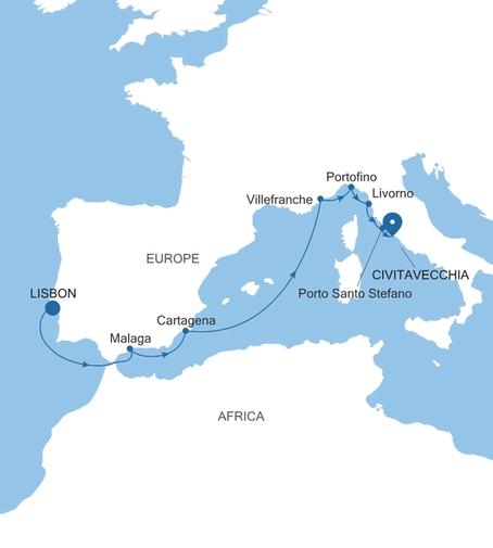 Carte de l’itinéraire Silver Nova, Lisbonne → Civitavecchia (Rome)