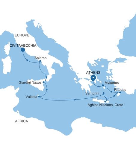 Carte de l’itinéraire Silver Nova, Civitavecchia (Rome) → Athènes (Le Pirée)