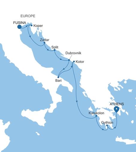 Carte de l’itinéraire Silver Nova, Fusina (Venise) → Athènes (Le Pirée)