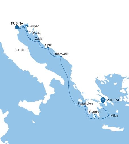 Carte de l’itinéraire Silver Nova, Fusina (Venise) → Athènes (Le Pirée)