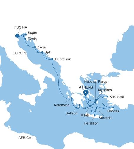 Carte de l’itinéraire Silver Nova, Fusina (Venise) → Athènes (Le Pirée)