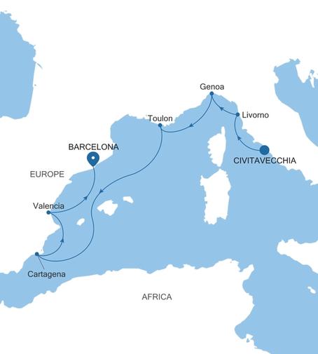 Carte de l’itinéraire Silver Nova, Civitavecchia (Rome) → Barcelone