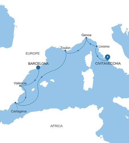 Carte de l’itinéraire Silver Nova, Barcelone → Civitavecchia (Rome)