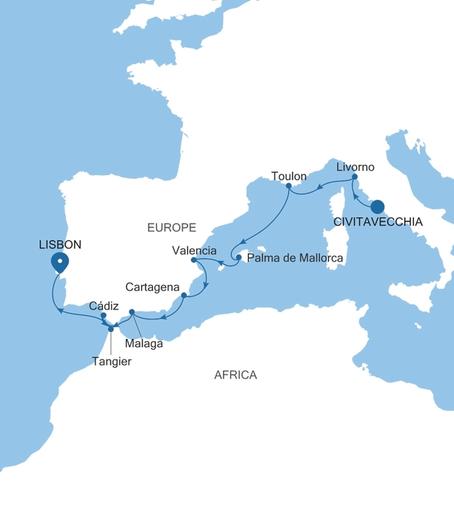 Carte de l’itinéraire Silver Nova, Civitavecchia (Rome) → Lisbonne