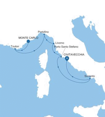 Carte de l’itinéraire Silver Ray, Monte Carlo → Civitavecchia (Rome)
